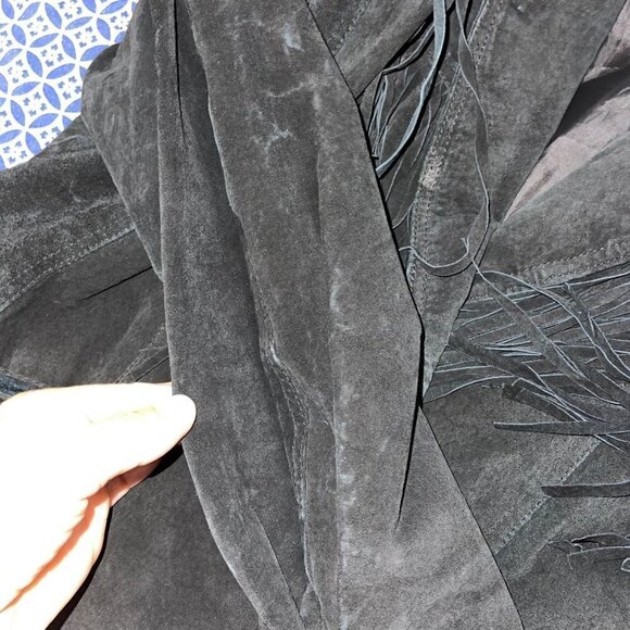 Winlit Vintage Jacket Size Medium Black Suede Fringe Asymmetric Snap Closure - Picture 12 of 14